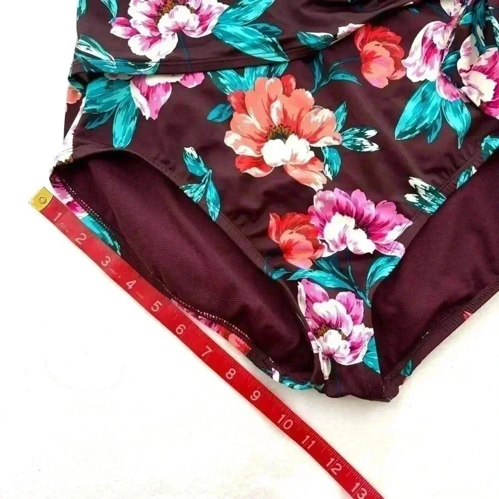 Embrace Your Curves Maroon Floral V-Neck Plunge Spaghetti Strap One Piece Size M